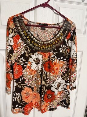 Susan Lawrence Orange and Brown Floral Beaded Scoop Neck Tunic